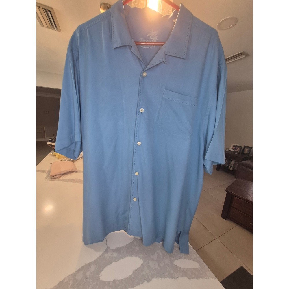 Tommy Bahama Mens XL Blue 100% Silk Short Sleeve Camp Shirt Original Pick Stitch
